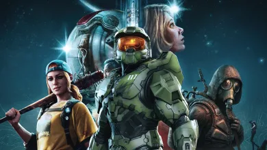 A green armored soldier stands at the center of a group of video game characters against a star-filled backdrop.
