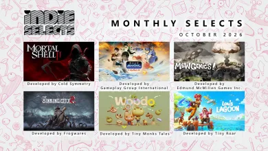 Six illustrated game panels for Xbox’s October 2026 Indie Selects, spanning dark fantasy, fighting, horror, puzzles, and cozy adventure.