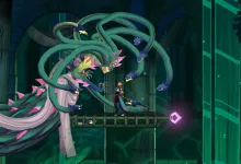 A red-haired adventurer faces a giant many-headed serpent in a dark, green-lit chamber.