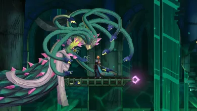 A red-haired adventurer faces a giant many-headed serpent in a dark, green-lit chamber.