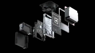 Console hardware components arranged in an exploded view against a black background.
